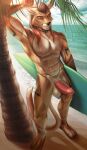  abs absurd_res anthro balls beach big_balls big_penis board caracal caracal_(genus) claws felid feline flucky_bat genitals hair hi_res long_hair male mammal muscular mutagen_(character) nipples palm_tree paws penis pinup plant pose red_eyes red_hair sand seaside smile smiling_at_viewer solo summer surfing tattoo tree 