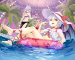  3girls ball bangs barefoot bat_wings beachball bikini black_sarong blonde_hair braid brooch closed_mouth commentary_request crystal cup drinking_glass drinking_straw fangs fingernails flandre_scarlet flat_chest frilled_swimsuit frills green_ribbon grey_hair hair_ribbon hat hat_ribbon highres holding holding_ball holding_beachball holding_tray izayoi_sakuya jewelry leg_ribbon long_fingernails looking_at_viewer maid maid_headdress multiple_girls open_mouth palm_tree pointy_ears pool purple_hair red_eyes red_innertube red_nails red_ribbon remilia_scarlet ribbon sarong short_hair shoulder_blades siblings side_ponytail sidelocks sisters splashing swimsuit toenails touhou tray tree tress_ribbon twin_braids user_gcxy7887 water white_headwear wings wrist_cuffs 