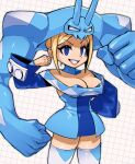  1girl alternate_color bare_shoulders blonde_hair blue_eyes boots breasts cerebella_(skullgirls) cleavage collarbone grin hand_on_hip highres large_breasts lips long_sleeves looking_at_viewer nemuken parted_lips short_hair sidelocks skullgirls smile solo teeth thigh_boots twitter_username vice-versa_(skullgirls) white_footwear 