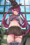  1girl absurdres breasts cosplay crop_top from_below gloves hat highres hololive large_breasts long_hair midriff minato_aqua murasaki_shion murasaki_shion_(cosplay) navel open_mouth pokeeeo_o purple_eyes purple_hair skirt solo twintails virtual_youtuber window witch_hat zettai_ryouiki 