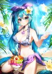  1girl absurdly_long_hair absurdres aqua_eyes aqua_hair beach bikini breasts cleavage closed_mouth flower food frilled_bikini frills hair_between_eyes hair_flower hair_ornament halter_top halterneck hand_up hando_2020 hatsune_miku highres ice_cream jewelry large_breasts long_hair looking_at_viewer navel necklace ocean outstretched_arm seiza sideboob sitting smile swimsuit twintails very_long_hair vocaloid water 