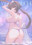  1girl absurdres animal_ears ass back bangs bare_shoulders bikini blush breasts brown_hair choker curvy frilled_bikini frills from_behind highres hitowa large_breasts long_hair looking_back night night_sky original outdoors pink_bikini pink_eyes ponytail rabbit_ears shoulder_blades sideboob sky solo standing star_(sky) starry_sky swimsuit thick_thighs thighs wading water wet wide_hips 