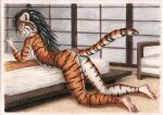  all_fours anthro armchair bed black_hair chair feet felid female furniture hair hi_res inside looking_at_viewer mammal nude pantherine plantigrade solo syntech tiger traditional_media_(artwork) 