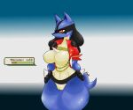  big_breasts blue_body breasts canid canine clothing facial_tattoo female gameplay_mechanics gold_(metal) health_bar hi_res humanoid karinfysh lucario mammal multicolored_body nintendo pok&eacute;mon pok&eacute;mon_(species) red_clothing red_eyes solo spikes spikes_(anatomy) tattoo thick_thighs uncaring video_games 