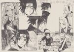  1boy 1girl absurdres collage forehead_protector forest greyscale hairband haruno_sakura headband highres konohagakure_symbol log monochrome naruto_(series) nature niku_(ni23ku) sepia translation_request tree uchiha_sasuke 