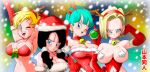  3girls absurdres android_18 aqua_hair bikini black_hair blonde_hair blue_eyes breasts bulma buruma christmas cleavage commentary dragon_ball dragon_ball_z dragon_radar earrings gloves hat highres holding ireza jewelry large_breasts long_hair looking_at_viewer multiple_girls non-web_source open_mouth santa_bikini santa_costume santa_hat short_hair smile swimsuit videl yamamoto_doujin 