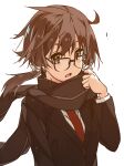  1girl asada_shino bangs blazer brown_eyes brown_hair glasses highres jacket long_hair looking_at_viewer necktie open_mouth scarf shikei solo sword_art_online upper_body white_background 