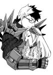  1boy 1girl armor brynhildr_(fate) cloak closed_eyes covered_mouth cropped_torso fate/grand_order fate_(series) gauntlets glasses greyscale haretaka hug long_hair monochrome multicolored_hair semi-rimless_eyewear short_hair shoulder_armor shoulder_spikes sigurd_(fate) simple_background smile spiked_hair spikes two-tone_hair white_background wing_hair_ornament 