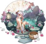  1girl barefoot china_dress chinese_clothes dress flower fu_ji full_body highres looking_at_viewer looking_back mahjong_soul official_art onsen pink_flower revealing_clothes rock short_hair short_hair_with_long_locks sitting solo tachi-e water white_flower white_hair yellow_eyes yostar 
