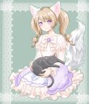  1girl animal_ears animal_on_lap black_cat blush bow brown_hair cat cat_on_lap dress full_body green_background highres long_hair long_sleeves looking_at_viewer on_lap original patch_(sunamiti) purple_eyes simple_background sitting smile solo tail twintails white_bow white_dress 