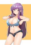  1girl absurdres bangs bare_arms bare_shoulders black_shorts blue_shirt breasts cellphone cleavage commission cowboy_shot crop_top front-tie_top groin highres holding holding_phone juice_box large_breasts long_hair looking_at_viewer micro_shorts midriff navel open_fly original outline phone purple_eyes purple_hair second-party_source shirt shorts sidelocks sleeveless sleeveless_shirt smartphone solo standing stomach thighs tied_shirt very_long_hair white_outline wweed 