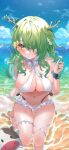  absurdres antlers braid breasts ceres_fauna flower green_hair hair_flower hair_ornament hair_twirling highres hololive hololive_english large_breasts looking_at_viewer solo swimsuit tangdou0402 white_swimsuit 