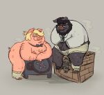  anthro bent_over codey dirty_clothing domestic_pig duo hi_res looking_at_viewer male male/male mammal mrdannyloco musk musk_clouds steve_jovonovich suid suina sus_(pig) sweat_stain 