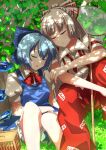  2girls absurdres bangs blue_bow blue_hair bow bowtie cirno closed_eyes fujiwara_no_mokou grey_hair hair_bow highres ice ice_wings long_hair multiple_girls ofuda ofuda_on_clothes open_mouth pants plant red_bow red_bowtie red_pants sazanami_mio_(style) shimotsuki_aoi short_hair short_sleeves sitting sleepwear touhou wings 