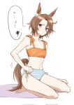  ... 1girl adjusting_clothes adjusting_swimsuit alternate_costume animal_ears bare_arms bare_legs bare_shoulders barefoot bikini blue_eyes blush brown_hair closed_mouth collarbone flat_chest frown full_body groin hair_between_eyes highres holding_own_tail horse_ears horse_girl horse_tail looking_at_viewer mismatched_bikini narita_taishin_(umamusume) natsunori navel short_sleeves sitting solo speech_bubble spoken_ellipsis sweatdrop swimsuit tail umamusume v-shaped_eyebrows wariza 