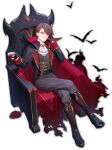  1boy bat_(animal) brown_hair full_body gloves halloween halloween_costume head_rest highres long_sleeves mahjong_soul male_focus red_eyes shinomiya_natsuki_(mahjong_soul) short_hair sitting solo tachi-e throne vampire yostar 