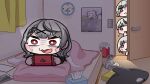  1boy 3girls bed black_hair blanket braid cellphone clock curtains dark_room family flying_sweatdrops frown grey_hair handheld_game_console highres hololive komainu_channel lying multicolored_hair multiple_girls murasaki_shion nintendo_switch on_stomach open_mouth phone pillow sakamata_chloe shiokko_(murasaki_shion) smartphone streaked_hair stuffed_animal stuffed_orca stuffed_toy sweat sweatdrop tissue_box trash_can two-tone_hair virtual_youtuber 