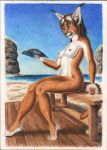  anthro beach bench beverage blue_eyes book breasts caracal caracal_(genus) casual_nudity cliff countershading felid feline female hi_res looking_at_object mammal nipples nude orange_body outside plantigrade reading sea seaside sitting solo syntech traditional_media_(artwork) water 