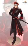  1boy absurdres adam_taurus alex_kellar belt black_pants capelet chokutou gloves highres holding holding_sword holding_weapon horns jacket katana long_sleeves mask pants red_hair rwby sheath shirt sword weapon wilt_and_blush 