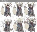  1girl absurdres alternate_costume animal_ear_fluff animal_ears artist_name blush bow bowtie brown_scarf clothes_grab contemporary embarrassed extra_ears fennec_(kemono_friends) fox_ears fox_tail heart highres jacket kemono_friends long_sleeves looking_at_viewer looking_away looking_to_the_side multiple_views pleated_skirt scarf shio_butter_(obscurityonline) simple_background sitting skirt sleeve_grab smile tail tail_wagging thighhighs translated twitter_username white_background 