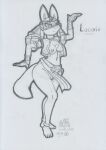  2022 anthro blush bodily_fluids bottomwear breasts canid canine canis clothed clothing egyptian egyptian_clothing female genital_fluids genitals graphite_(artwork) holowear_(pok&eacute;mon) jackal loincloth looking_at_viewer lucario lunaris_parukia mammal mostly_nude navel nintendo nipples nude open_clothing open_topwear pok&eacute;mon pok&eacute;mon_(species) pok&eacute;mon_unite pok&eacute;morph pussy pussy_juice solo topwear traditional_media_(artwork) video_games walk_like_an_egyptian 