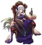  1girl alcohol black_dress bottle closed_mouth cup dress drinking_glass frown full_body green_eyes grey_hair long_hair looking_at_viewer mahjong_soul multicolored_clothes multicolored_dress official_art purple_dress sitting solo tachi-e throne wine wine_bottle wine_glass yagi_yui yostar 
