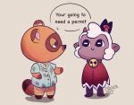  aloha_shirt animal_crossing anthro bovid canid canine cape caprine chescaart clothing crossover crown cult_of_the_lamb duo english_text fur humor lamb_(cult_of_the_lamb) male mammal nintendo pattern_clothing pattern_shirt pattern_topwear raccoon_dog sheep shirt tanuki text tom_nook_(animal_crossing) topwear video_games white_body white_fur white_wool wool_(fur) 