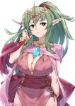  1girl bangs breasts cleavage dragonstone dress fire_emblem fire_emblem_awakening ge-b green_eyes green_hair hair_ornament hair_ribbon highres jewelry large_breasts long_hair looking_at_viewer older open_mouth pink_dress pointy_ears ponytail ribbon short_dress smile solo stone tiara tiki_(fire_emblem) 