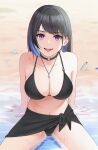  1girl absurdres arm_support bare_shoulders beach bikini black_bikini black_hair blue_hair bottle breasts choker collarbone colored_inner_hair debi fang hair_behind_ear highres jewelry large_breasts long_hair looking_at_viewer multicolored_hair navel necklace open_mouth original partially_submerged purple_eyes sitting skin_fang solo spread_legs swimsuit tongue tongue_out water 