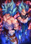  2boys abs artist_name aura baggy_pants belt biceps blood blood_on_face blue_eyes boots clenched_hands crossed_arms cuffs dirty dirty_face dragon_ball dragon_ball_super highres long_hair looking_at_viewer looking_up male_focus mature_male multiple_boys muscular muscular_male pants pectorals shackles shirt sleeveless spiked_hair thick_arms thick_eyebrows tight torn_clothes twitter_username uchiha_jake 
