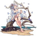  1girl beach bikini bracelet breasts bug butterfly flower green_eyes grey_hair hair_flower hair_ornament jewelry looking_at_viewer mahjong_soul ocean official_art parted_lips side_ponytail solo swimsuit tachi-e teeth tree yagi_yui yostar 