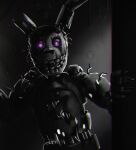  2022 animatronic anthro chromatic_aberration dark dark_theme darlsol digital_media_(artwork) digital_painting_(artwork) five_nights_at_freddy&#039;s five_nights_at_freddy&#039;s_3 glowing glowing_eyes grey_theme hi_res lagomorph leporid machine male mammal open_mouth open_smile purple_eyes rabbit robot scottgames smile solo springtrap_(fnaf) teeth video_games wire 