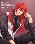  1boy absurdres artist_name collared_shirt diluc_(genshin_impact) feet_out_of_frame genshin_impact hand_on_own_face happy_birthday highres long_hair looking_at_viewer male_focus mature_male nalamicha necktie pants red_background red_eyes red_hair scar scar_on_hand shirt signature simple_background smile solo text_focus 