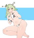  1girl :d animal_print areola_slip bangs bikini breasts ceres_fauna cow_print flower green_hair hair_between_eyes hair_flower hair_ornament highres hololive hololive_english horns large_breasts long_hair looking_at_viewer mole smile solo swimsuit tilt-shift virtual_youtuber yellow_eyes 