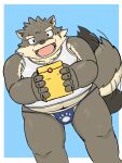  anthro asian_clothing belly bulge canid canine canis clothing domestic_dog east_asian_clothing eyebrows fundoshi fur grey_body grey_fur hi_res japanese_clothing lifewonders male mammal moritaka overweight panthera7uncia scar shirt solo tail_motion tailwag tank_top thick_eyebrows tokyo_afterschool_summoners topwear underwear video_games 