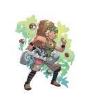  1boy absurdres alolan_geodude arm_up backpack bag beanie blue_eyes brown_footwear clenched_hands geodude hat highres hiker_(pokemon) leaf looking_at_viewer male_focus official_art open_mouth poke_ball poke_ball_(basic) pokemon pokemon_(creature) pokemon_(game) pokemon_sm smile wristband 