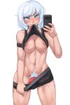  1girl animal_penis artist_name black_shorts blue_eyes blush breasts cellphone clothes_pull commentary covered_penis english_commentary female_pubic_hair futanari grey_hair highres holding holding_phone knotted_penis large_breasts lifted_by_self looking_at_viewer mouth_hold navel nipples original penis penis_peek phone pubic_hair pulled_by_self selfie seraziel shorts shorts_pull simple_background smartphone solo sports_bra_lift sweat teeth_hold uncensored white_background 
