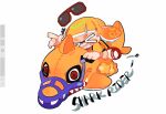  &gt;_&lt; +++ 1girl bangs blunt_bangs chibi closed_eyes flip-flops grin highres inflatable_shark inflatable_toy ink_tank_(splatoon) inkling inkling_girl medium_hair muzzle orange_hair orange_shirt pointy_ears red-framed_eyewear red_footwear reefslider_(splatoon) riding sandals shirt short_sleeves simple_background smile solo splatoon_(series) splatoon_3 suction_cups sunglasses t-shirt tentacle_hair uracata white_background 