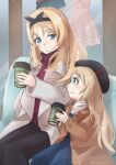  2girls ane_hoshimaru black_pants blonde_hair blue_dress blue_eyes breasts brown_coat coat couch cup dress hat highres holding holding_cup indoors jervis_(kancolle) kantai_collection large_breasts long_hair multiple_girls nelson_(kancolle) pants red_sweater scarf shop smile sweater turtleneck turtleneck_sweater white_coat white_scarf 