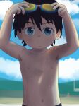 1boy bare_shoulders beach black_hair blue_eyes child closed_mouth cloud day eyelashes goggles goggles_on_head highres looking_at_viewer male_focus navel nipples no_shirt ocean outdoors shadow sky solo solo_focus standing stomach water wet younger 