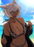  1girl animal_ears bangs beach bikini blind breasts cat_ears cleavage dark-skinned_female dark_skin day english_commentary facial_mark final_fantasy final_fantasy_xiv grey_eyes highres large_breasts looking_at_viewer miqo&#039;te navel open_clothes outdoors short_hair solo swimsuit tabletorgy water whisker_markings white_hair y&#039;shtola_rhul 