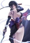  1girl akito1218 ass backless_outfit bangs black_hair blue_eyes breasts dual_wielding hair_between_eyes highres holding japanese_clothes large_breasts samurai_spirits shiki_(samurai_spirits) short_hair sideboob simple_background snake_tattoo solo tattoo white_background 