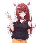  1girl bangs bare_shoulders black_shirt brown_hair demon_horns highres horns idolmaster idolmaster_shiny_colors jewelry jtangc long_hair looking_at_viewer necklace orange_skirt osaki_tenka shirt skirt solo swept_bangs upper_body v white_background yellow_eyes 