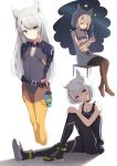  &gt;_&lt; 1girl ^^^ animal_ear_fluff animal_ears bangs black_footwear black_pants black_tank_top brown_pantyhose camisole closed_eyes closed_mouth commentary_request cup grey_hair grey_leotard hair_between_eyes heijialan highres holding holding_cup knee_up leotard long_hair mio_(xenoblade) multiple_views no_shoes pants pantyhose parted_lips pleated_skirt shoes skirt sky smile star_(sky) starry_sky steam tank_top thighhighs thighhighs_over_pantyhose very_long_hair white_camisole white_skirt xenoblade_chronicles_(series) xenoblade_chronicles_3 yellow_eyes yellow_thighhighs 