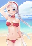  1girl absurdres ahoge alternate_costume arm_up bangs bare_shoulders beach bikini blue_eyes braid breasts choker cloud cloudy_sky commission commissioner_upload fire_emblem fire_emblem_fates fire_emblem_heroes grey_hair hairband highres long_hair looking_at_viewer low_twintails medium_breasts navel nina_(fire_emblem) o-ring o-ring_bikini o-ring_bottom o-ring_choker o-ring_top ocean one_eye_closed open_mouth parted_bangs red_bikini red_hairband sand skeb_commission sky smile swimsuit tnd(tenndo) twin_braids twintails upper_body 