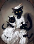  animal animal_focus black_cat bow cat commentary dress green_eyes hair_bow hair_ornament hat holding jewelry koto_inari looking_at_viewer looking_away mother_and_daughter mouse necklace no_humans original portrait puffy_short_sleeves puffy_sleeves shadow short_sleeves simple_background slit_pupils tail_raised whiskers white_bow white_dress white_headwear yellow_eyes 
