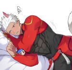  2boys abs animal_ears archer_(fate) archernuna armor bed bed_sheet biceps blush cat_ears cat_tail coat collared_coat compression_shirt cu_chulainn_(fate) dark-skinned_male dark_skin fate/stay_night fate_(series) feet_out_of_frame green_eyes highres looking_to_the_side lying male_focus mature_male multiple_boys muscular muscular_male on_side pectorals short_hair simple_background spiked_hair sweat sweatdrop tail tight white_background white_hair 