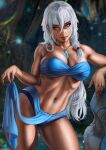  1girl asymmetrical_hair atlantis:_the_lost_empire bare_shoulders blue_eyes breasts crystal dandon_fuga dark-skinned_female dark_skin disney facial_tattoo groin highres jewelry kidagakash large_breasts loincloth long_hair looking_at_viewer navel necklace pendant solo tattoo thick_thighs thighs white_hair 