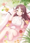  1girl bangs bath bathroom bathtub blush brown_hair flower flower_on_liquid food fruit highres kamimura_asari lemon lemon_slice lime lime_(fruit) lime_slice long_hair lying moe2022 on_back open_mouth orange_(fruit) orange_slice original plant see-through see-through_shirt smile solo table tile_floor tile_wall tiles vase wet wet_clothes yellow_eyes 