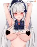  1girl armpits arms_behind_head bikini blush bow bowtie breasts dolechan dungeon_and_fighter embarrassed frown grey_background headdress heart_bikini large_breasts long_hair looking_at_viewer micro_bikini red_eyes silver_luster_tagore solo sweat swimsuit twintails upper_body white_hair 